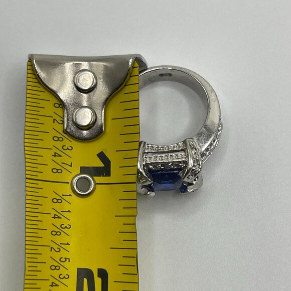 Silver 925 Ring With Blue Emerald-Cut Center Stone & Accent Crystals Elegant - Picture 7 of 7